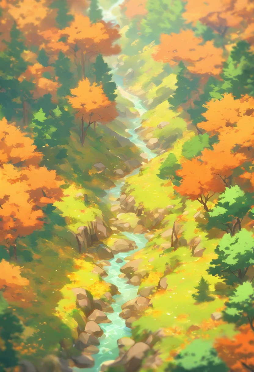 A creek through the autumn forest, fantasy, Illustrator style, Aerial view, HD, detail
