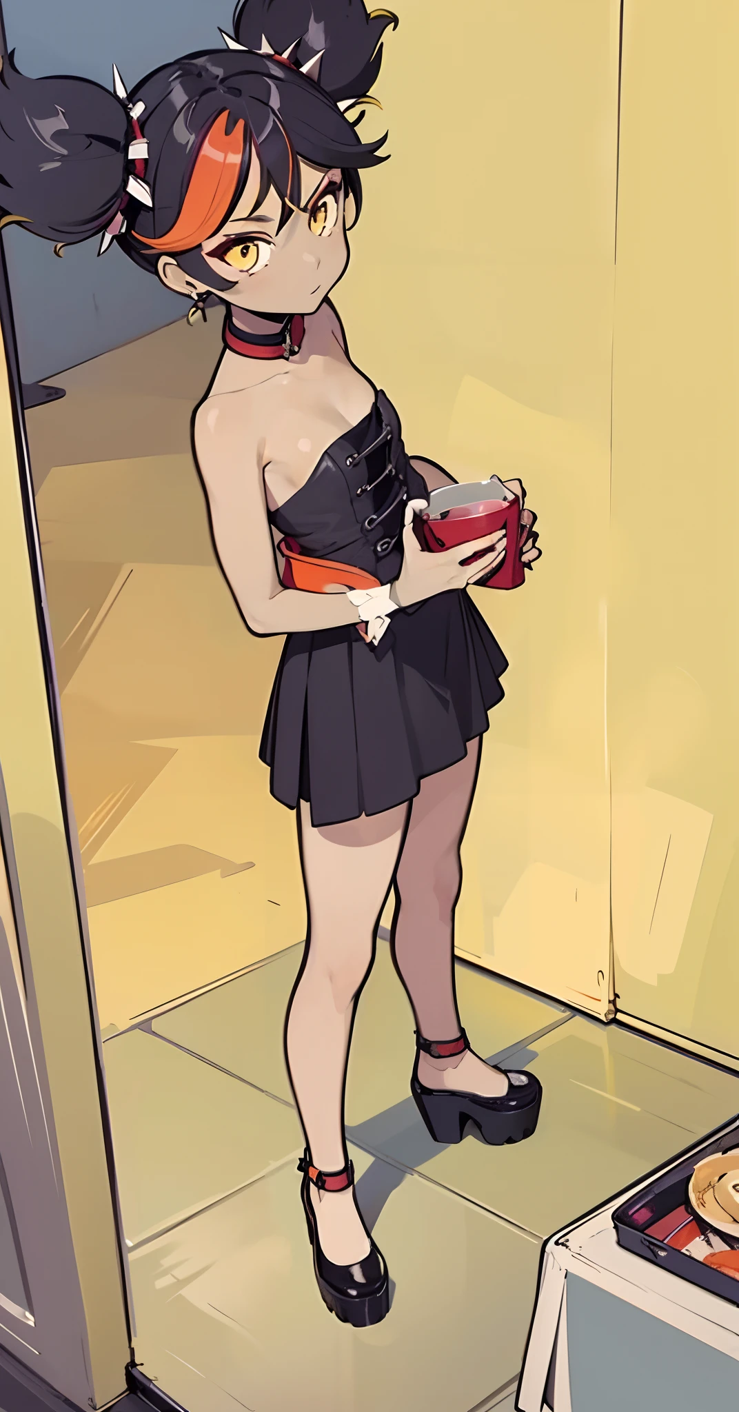 (Masterpiece, complete body!!, good anatomy), 1 girl, solo, black, yellow eyes, dark skin, happy, red latex top!!, black skirt, black platform shoes, city, colorful, day