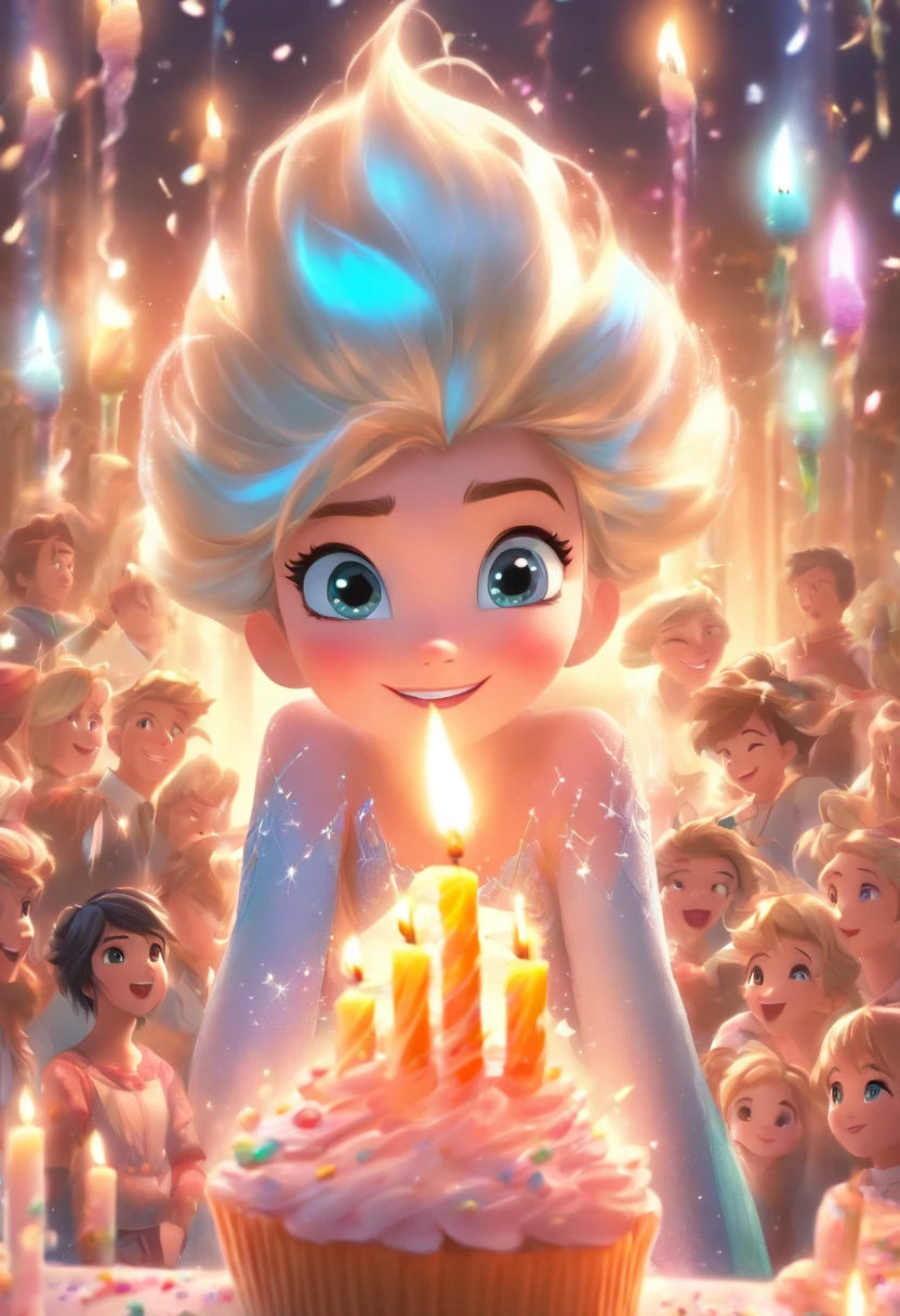 Large happy kids birthday party scene for 4-6 kids, Cupcakes, Candles and Disney《frozzen》Elsa stands in the background, Celebration style, Detailed depiction of the facial structure of the character, Bright overall color, Candles on cakes, author:Charles S.. Schultz