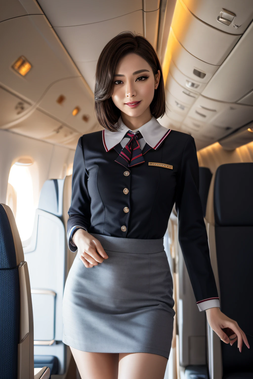 1woman, ((solo)), 40 years old, hyperdetailed face, detailed lips, detailed eyes, double eyelid, (Black bob hair), (Stewardess uniform:1.2), (Glamorous body), ((big breasts)), light smile, thighs, (standing), perfect fit, perfect image realism, background with: (in an luxury airplane:1.3), Cowboy Shot, In-depth background, detailed costume, perfect lighting, Hyper-Realism, (Photorealsitic:1.4), 8K maximum resolution, (​masterpiece), highly detailed, professional