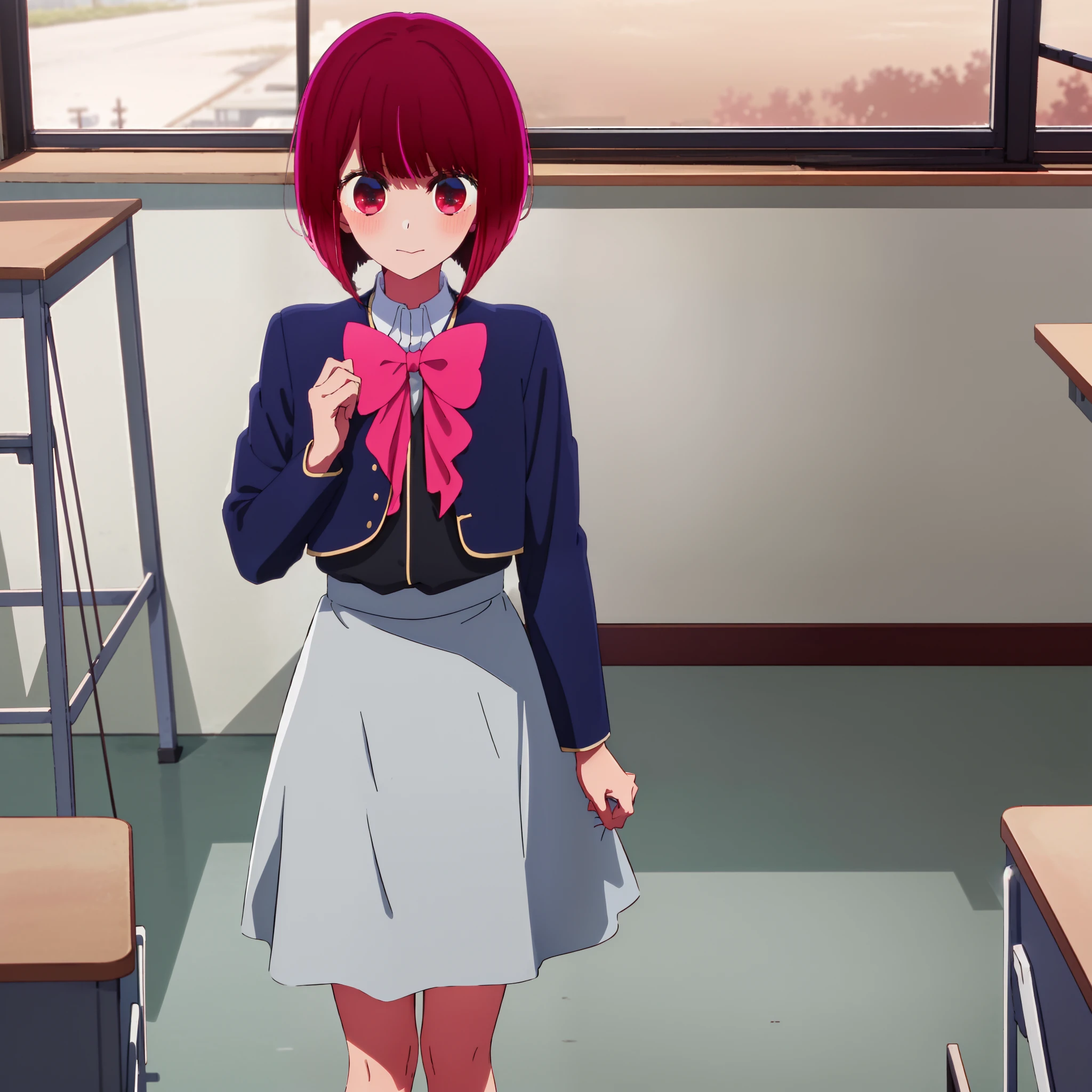 ​masterpiece, hightquality, 8K, beautiful  lighting, arima, pink bowtie, student clothes, Blue jacket, grey skirt, 1girl in, 独奏, white  shirt, Black socks, is standing, ‎Classroom,View from the front, ((cowboy  shot)), ((from the chest up)), up of face