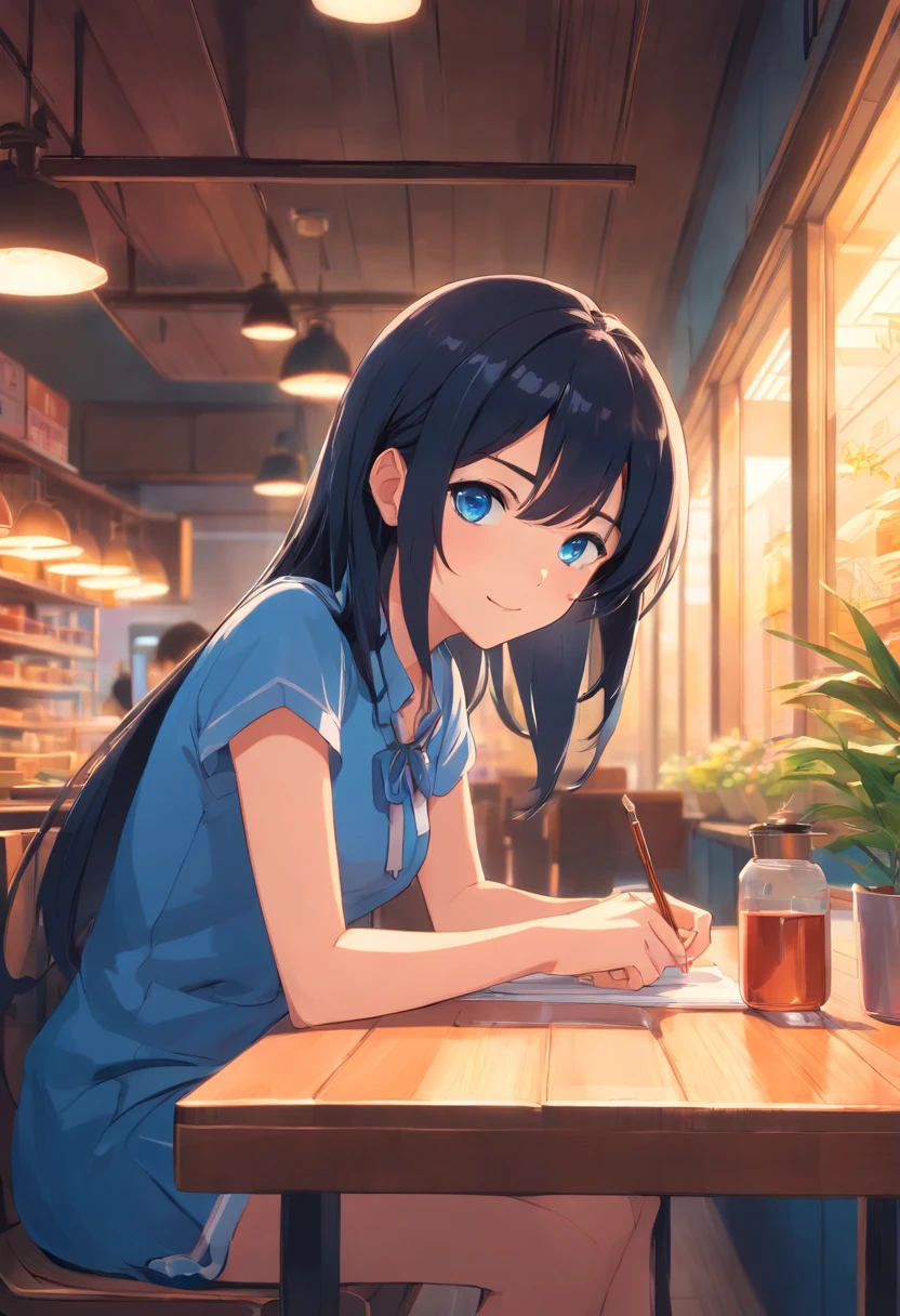 8K amazing 2D Japan manga style black hair, Blue-eyed two-dimensional girl sitting at table, the head is slightly tilted to the right, With a smile,