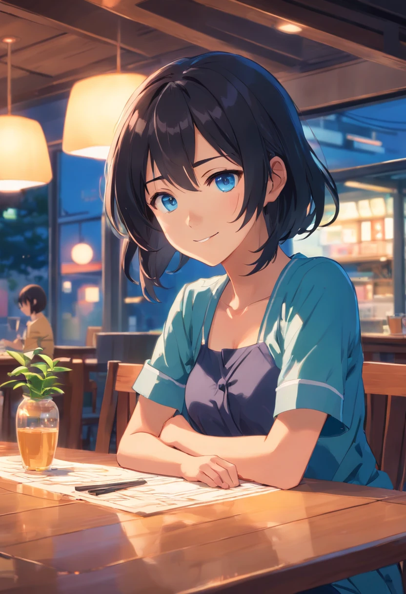 8K amazing 2D Japan manga style black hair, Blue-eyed two-dimensional girl sitting at table, the head is slightly tilted to the right, With a smile,