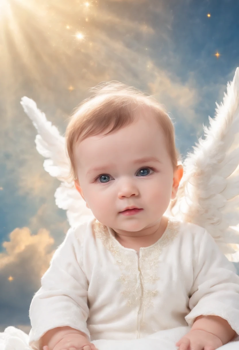 Masterpiece, detail, HDR, (photorealistitle baby), (adorable angel:1.5), (sky with starry clouds:1.2), (photorealistic:1.4), (skin texture visible:1.5), (high quality), Fujifilm XT3, up clos