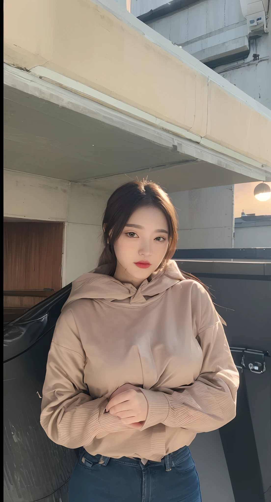 ((mid night、top-quality、8k、masterpiece:1.3)), full bodyesbian, long legged, foco nítido:1.2, Beautiful woman with perfect body shape:1.4, Slender Abs:1.1, ((dark brown hair、huge tit:1.2)), (White tight t-shirt、Tight skinny jeans 、is standing:1.2), ((Night City View、On the rooftop:1.3)), Highly detailed facial and skin texture, A detailed eye, 二重まぶた