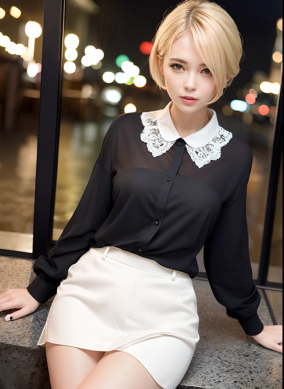 (8k, Best Quality, Masterpiece: 1.2), (Realistic, Photorealistic: 1.37), Super Detailed, 1 Girl, Cute, Alone, Beautiful Detailed Sky, Detailed Cafe, Night, Sitting, Date, ( Nose blush), (smile: 1.15), (close mouth) small breasts, beautiful details, (collared shirt: 1.1), night, wet, business wear, rain, white lace, (short hair: 1.2), floating Hair NovaFrogStyle,