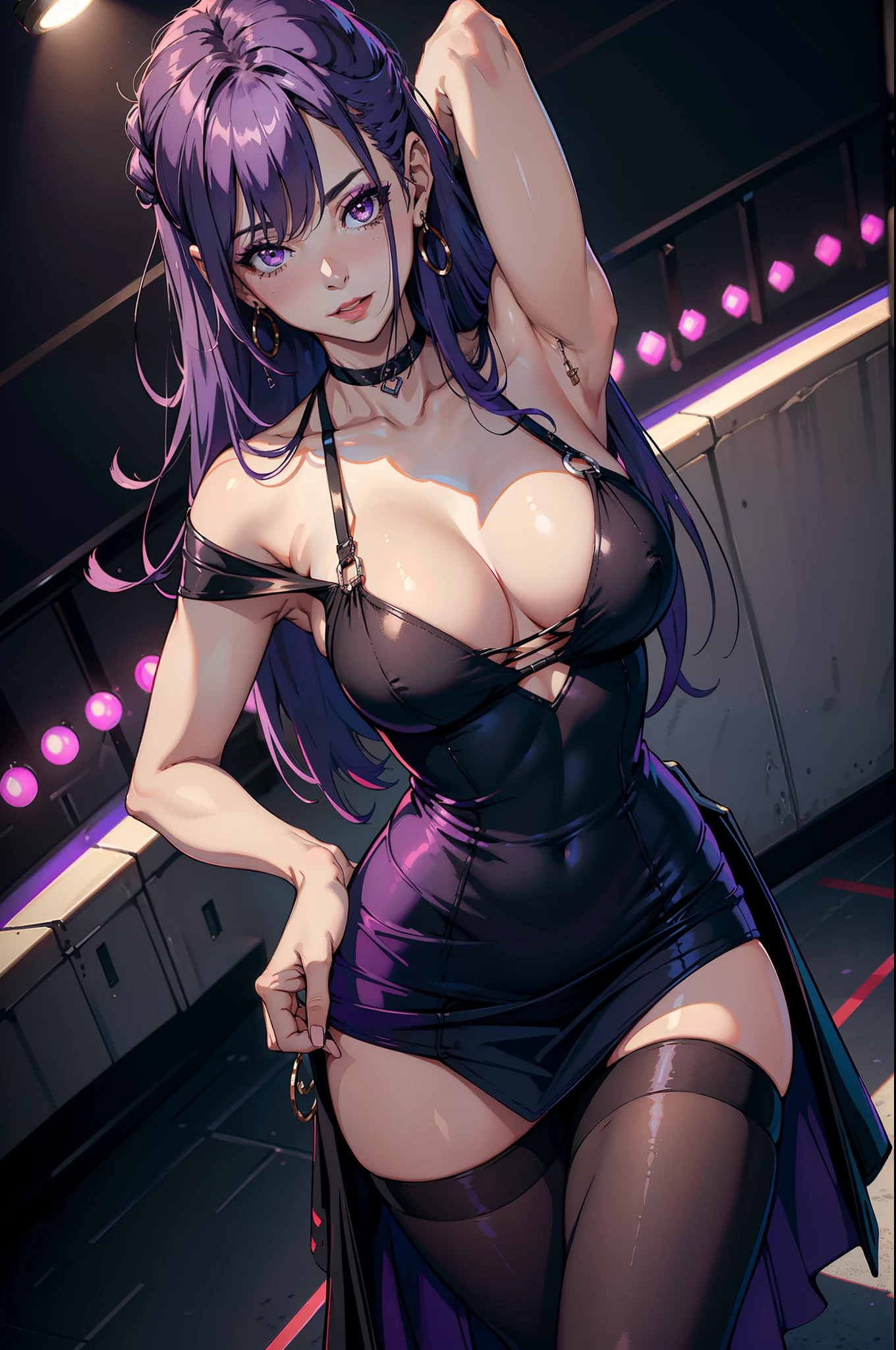(Best quality, 8K, A high resolution, Masterpiece:1.2)Mature female, Female pervert, hair over shoulders, Purple hair, Light blush, Makeup , Seductive smile, Skinny hip wrap long skirt,Black pantyhose, high-heels, 耳Nipple Ring, jewelry, Black choker , Nightclub