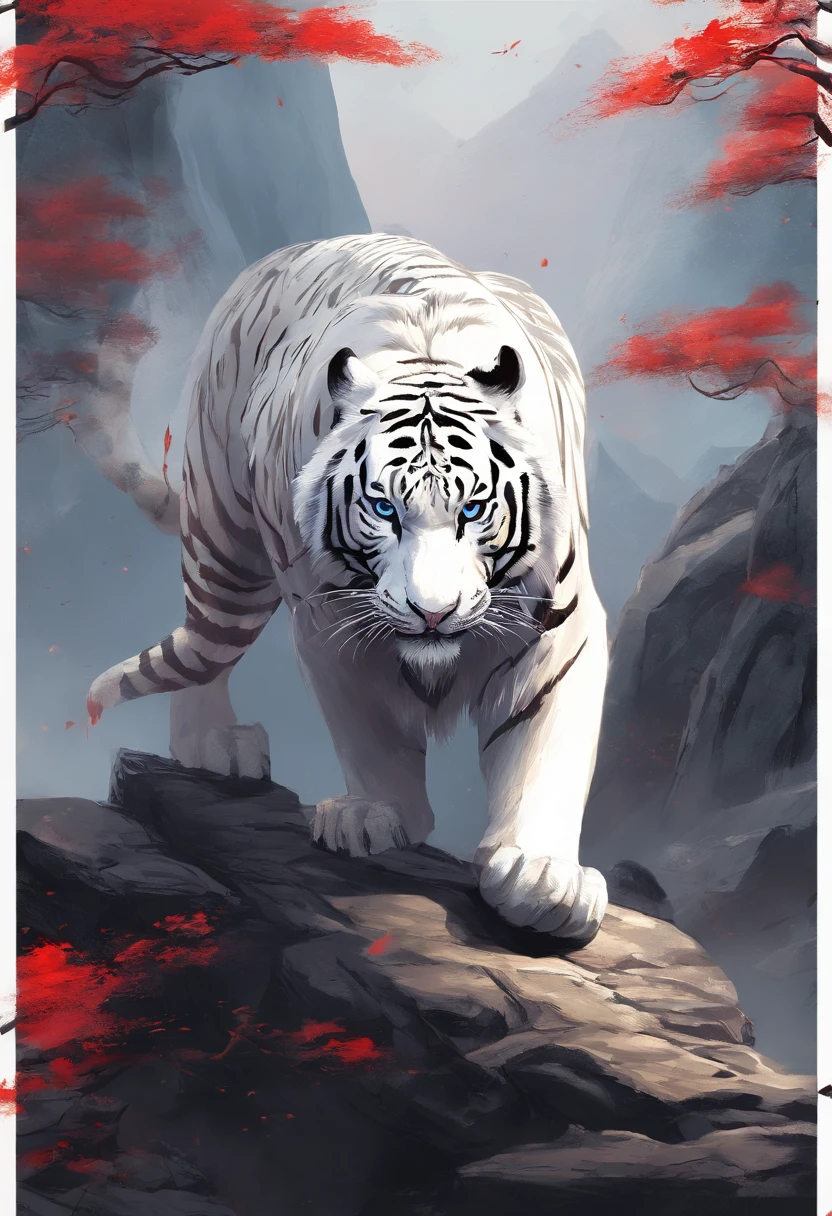 China-style,Chinese mythology,the white tiger,tosen,Ferocious,gargantuan,The eyes glow red,Glow effects,High hills,Cloud fog,the night,中景 the scene is,Full body like, highly detailed surreal vfx,oc rendered, - AR 16:9 --q 2 --s 1000