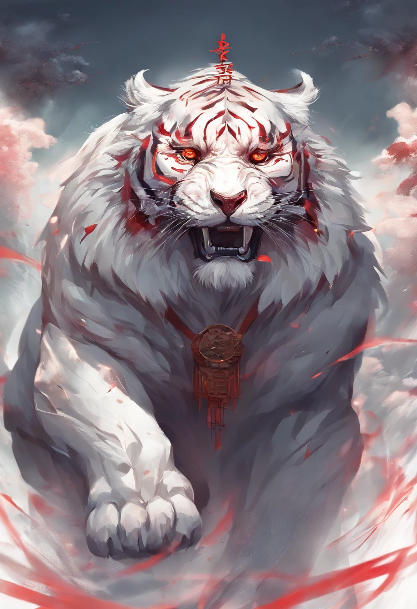 China-style，Chinese mythology，the white tiger，tosen，Ferocious，gargantuan，The eyes glow red，Glow effects，High hills，Cloud fog，the night，中景 the scene is，Full body like， highly detailed surreal vfx，oc rendered， - AR 16:9 --q 2 --s 1000