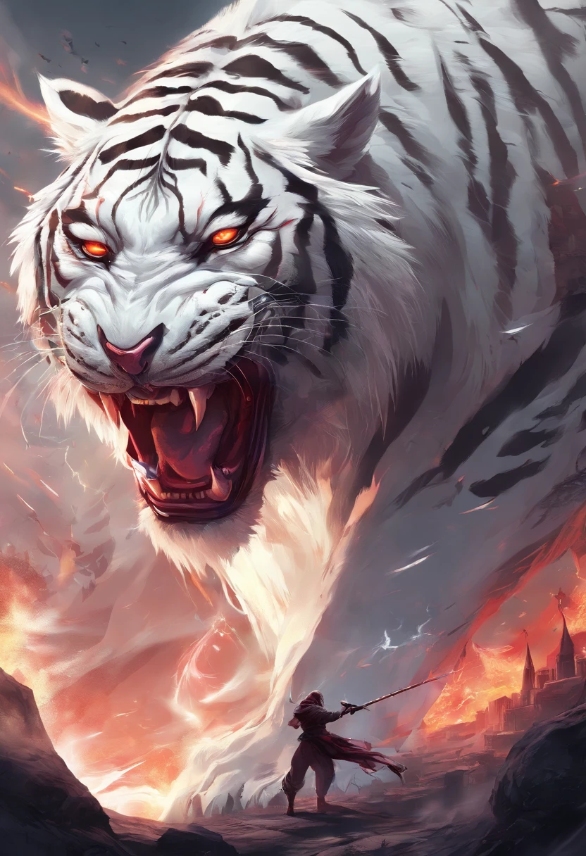 China-style，Chinese mythology，the white tiger，tosen，Ferocious，gargantuan，The eyes glow red，Glow effects，High hills，Cloud fog，the night，中景 the scene is，Full body like， highly detailed surreal vfx，oc rendered， - AR 16:9 --q 2 --s 1000