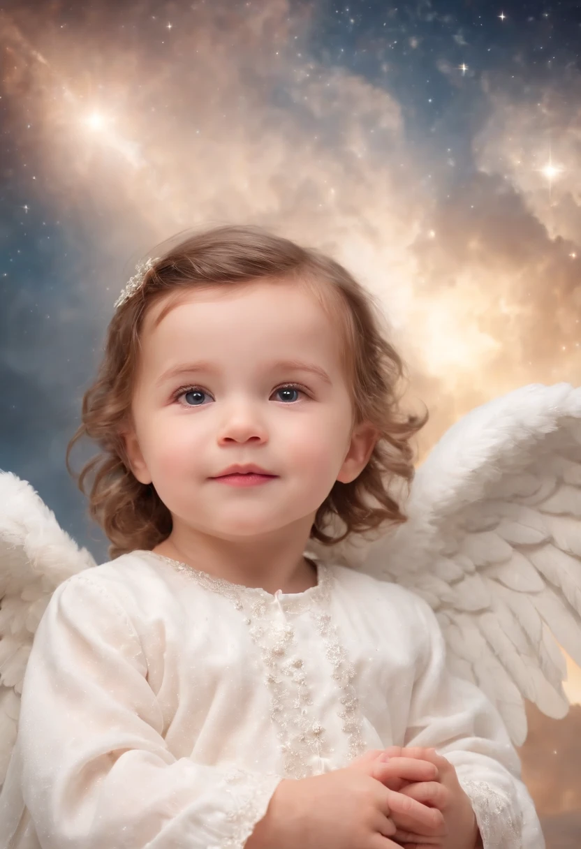 (adorable little angel:1.5),(desenho animado:1.3),(sky with starry clouds:1.2)