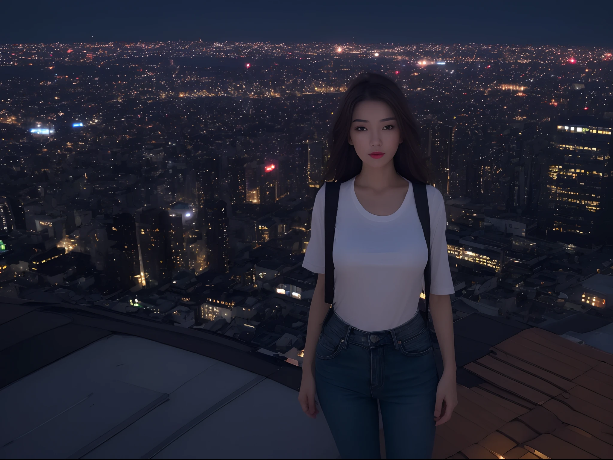 ((mid night、top-quality、8k、masterpiece:1.3)), The upper part of the body, long legged, foco nítido:1.2, Beautiful woman with perfect body shape:1.4, Slender Abs:1.1, ((dark brown hair、huge tit:1.2)), (White tight t-shirt、Jean Bib, is standing:1.2), ((Night City View、On the rooftop:1.3)), Highly detailed facial and skin texture, A detailed eye, 二重まぶた
