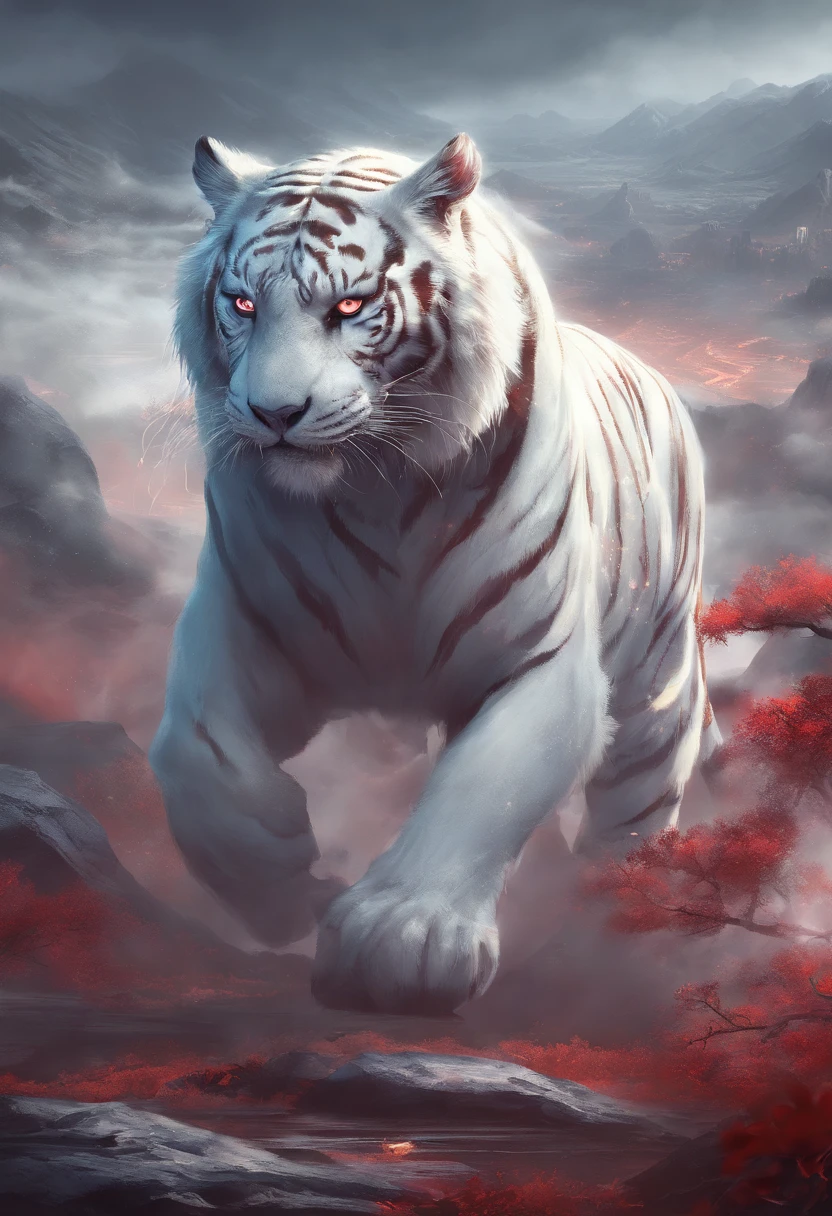 China-style,Chinese mythology,the white tiger,tosen,Ferocious,gargantuan,The eyes glow red,Glow effects,High hills,Cloud fog,the night,中景 the scene is,Full body like, highly detailed surreal vfx,oc rendered, - AR 16:9 --q 2 --s 1000