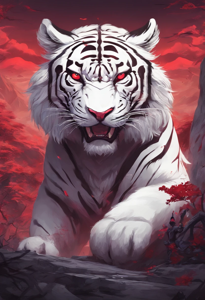 China-style，Chinese mythology，the white tiger，tosen，Ferocious，gargantuan，The eyes glow red，Glow effects，High hills，Cloud fog，the night，中景 the scene is，Full body like， highly detailed surreal vfx，oc rendered， - AR 16:9 --q 2 --s 1000