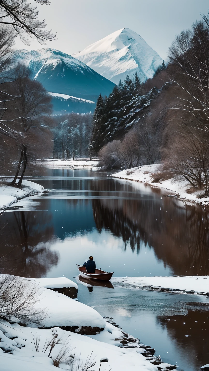 a serene masterpiece captured in ultra-detailed 8k resolution. The image showcases a solitary boat gently floating on a cold river, An old man dressed in a raincoat ,Wear a cape on his head,peacefully fishing alone in this tranquil setting. The atmosphere is serene and peaceful, with the snowy landscape creating a sense of calmness. The image portrays the serenity of the moment, with the solitary boat and the old man adding a touch of nostalgia. The cold river and the snow emphasize the quietness and stillness of the scene, creating a harmonious and peaceful ambiance