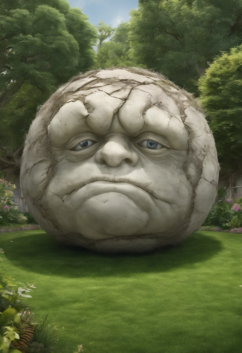 The lawn cracks and a huge dumpling looms up from the inside