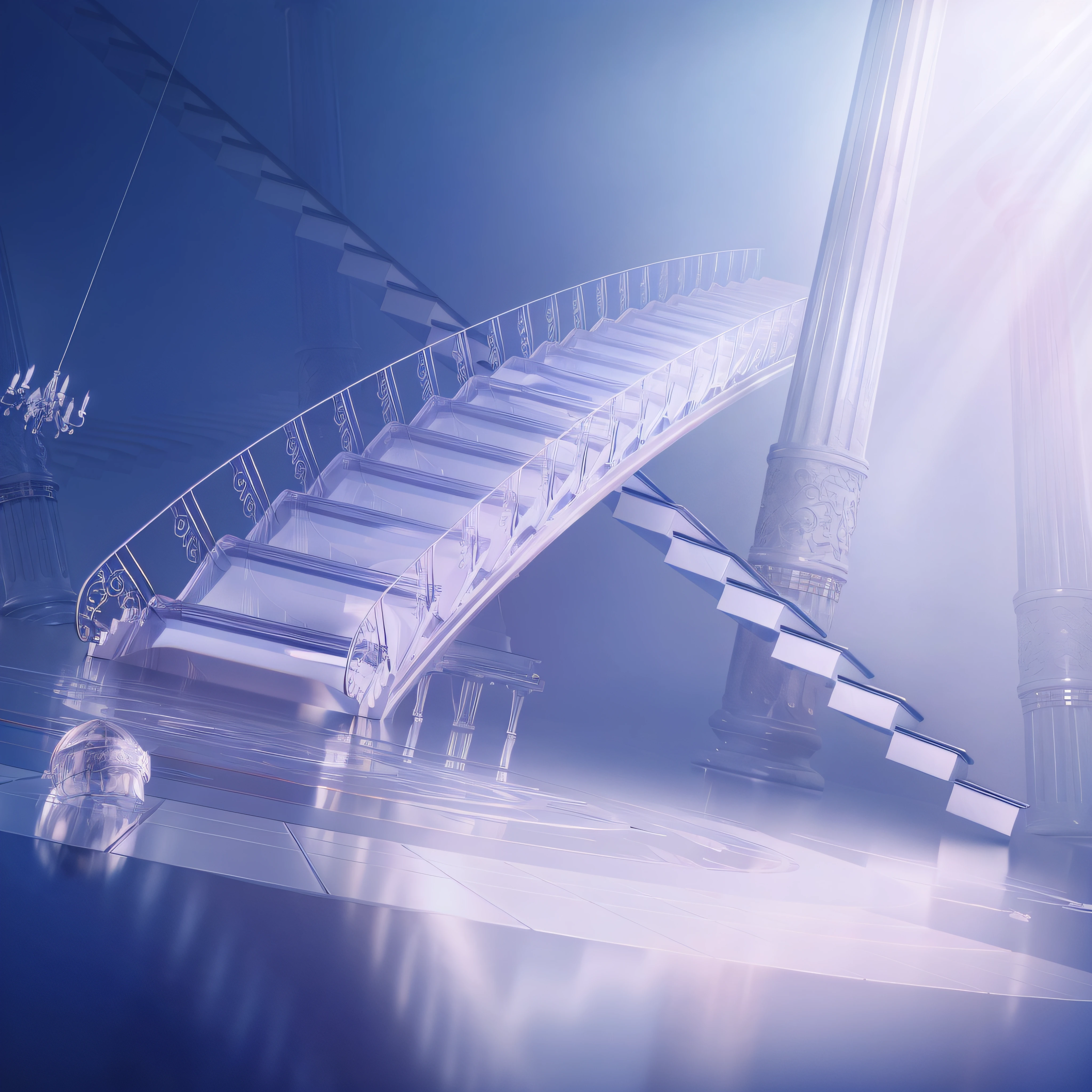 There is a picture of the stairs leading to the building, rendered in cinema 4 d, Rendered in Cinema4D, daily render, stuning fantasy 3 d render, voluminetric lighting. fantasy, Rendered in V-Ray, futuristic and ethereal, depicted as a 3 d render, surreal 3 d render, finalrender, 3 d artistic render,black hair, hair bobbles, wince, longeyelashes, solid circle eyes, fake animal ears, light smile, ear blush, fang, Surrealism, drop shadow, anaglyph, stereogram, tachi-e, pov, atmospheric perspective, chiaroscuro, sparkle, 8k, super detail, ccurate, best quality, UHD