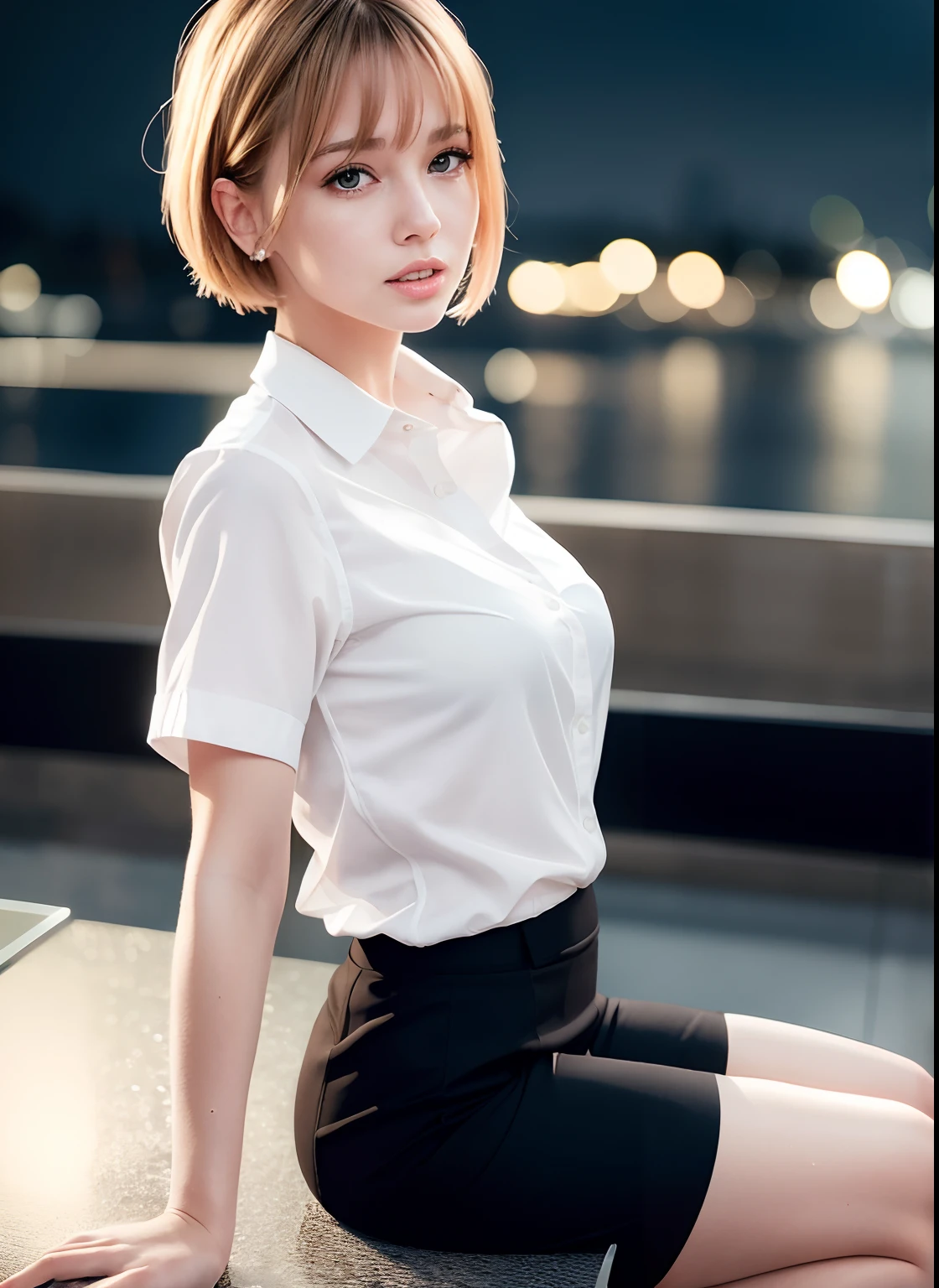 (8k, Best Quality, Masterpiece: 1.2), (Realistic, Photorealistic: 1.37), Super Detailed, 1 Girl, Cute, Alone, Beautiful Detailed Sky, Detailed Cafe, Night, Sitting, Date, ( Nose blush), (smile: 1.15), (close mouth) small breasts, beautiful details, (collared shirt: 1.1), night, wet, business wear, rain, white lace, (short hair: 1.2), floating Hair NovaFrogStyle,
