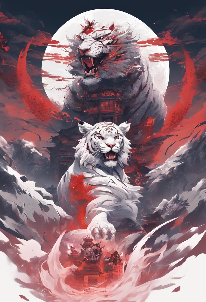 Estilo chino，chinese mythology，El Tigre Blanco，rugir，feroz，Gigantesco，Caninos muy largos, Los ojos brillan de color rojo，Efectos de resplandor，Colinas altas，Niebla de nubes，Por la noche，中景 the scene is，Todo el cuerpo como， VFX surrealista altamente detallado，Renderizado OC， - AR 16:9 --q 2 --s 1000
