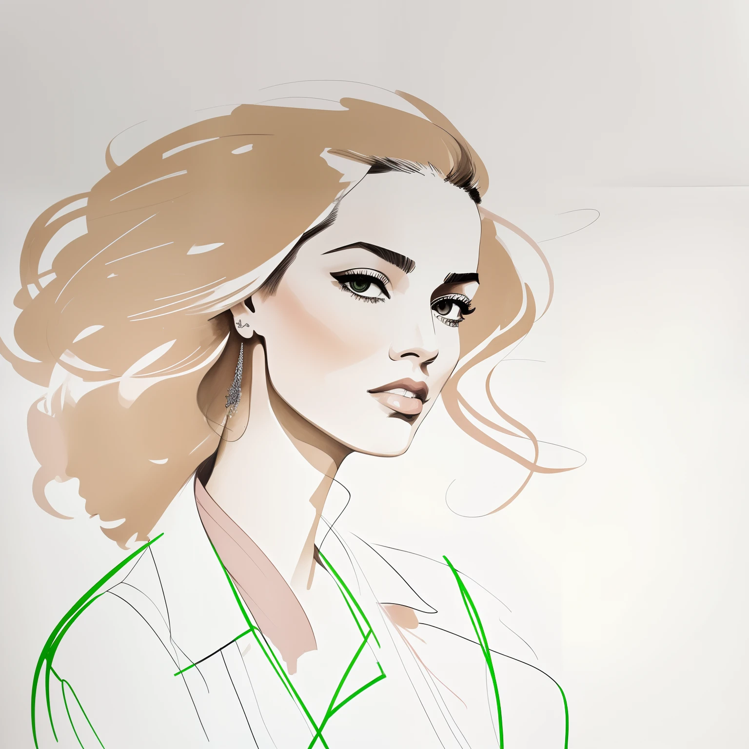 David downton fashion illustration, mustafa soydan drawing, line art sketch on a white background, beautiful 1woman face portrait, slim figure, jacket, natural color, rose color, gentle green, beige