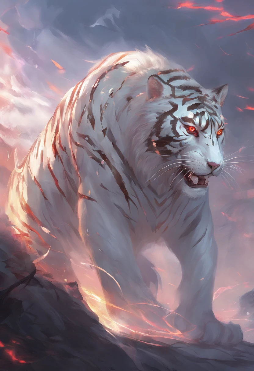 China-style,Chinese mythology,the white tiger,tosen,Ferocious,gargantuan,The eyes glow red,Glow effects,High hills,Cloud fog,the night,中景 the scene is,Full body like, highly detailed surreal vfx,oc rendered, - AR 16:9 --q 2 --s 1000