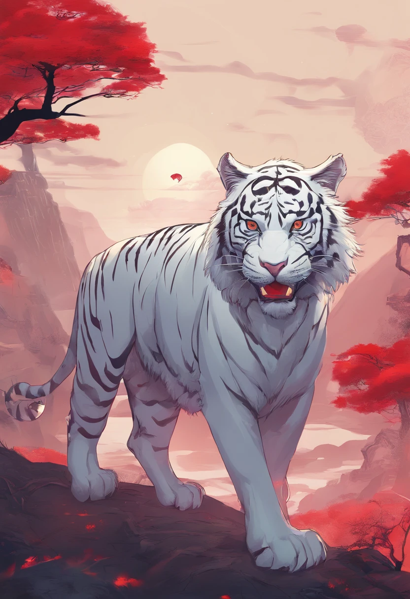 China-style,Chinese mythology,the white tiger,tosen,Ferocious,gargantuan,The eyes glow red,Glow effects,High hills,Cloud fog,the night,中景 the scene is,Full body like, highly detailed surreal vfx,oc rendered, - AR 16:9 --q 2 --s 1000