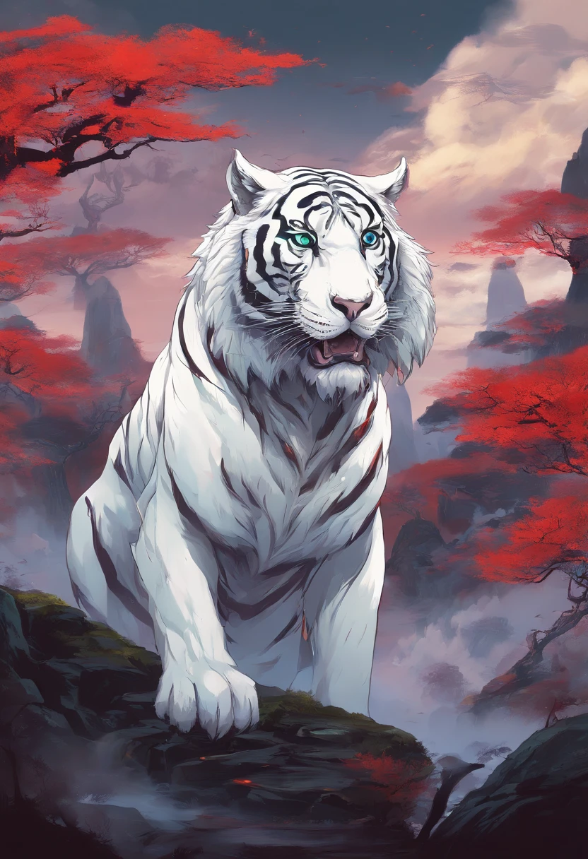 China-style,Chinese mythology,the white tiger,tosen,Ferocious,gargantuan,The eyes glow red,Glow effects,High hills,Cloud fog,the night,中景 the scene is,Full body like, highly detailed surreal vfx,oc rendered, - AR 16:9 --q 2 --s 1000
