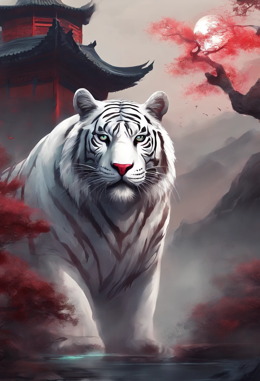 China-style,Chinese mythology,the white tiger,tosen,Ferocious,gargantuan,The eyes glow red,Glow effects,High hills,Cloud fog,the night,中景 the scene is,Full body like, highly detailed surreal vfx,oc rendered, - AR 16:9 --q 2 --s 1000