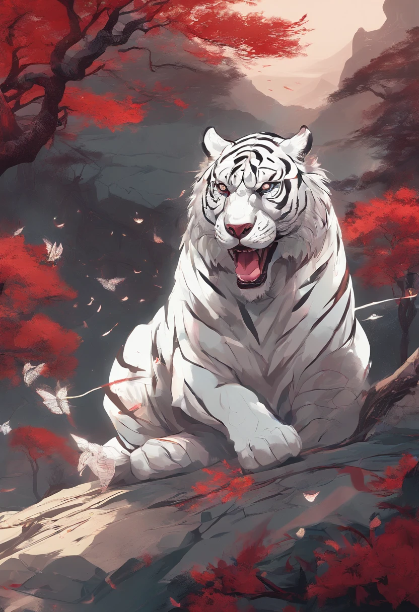 China-style，Chinese mythology，the white tiger，tosen，Ferocious，gargantuan，The eyes glow red，Glow effects，High hills，Cloud fog，the night，中景 the scene is，Full body like， highly detailed surreal vfx，oc rendered， - AR 16:9 --q 2 --s 1000