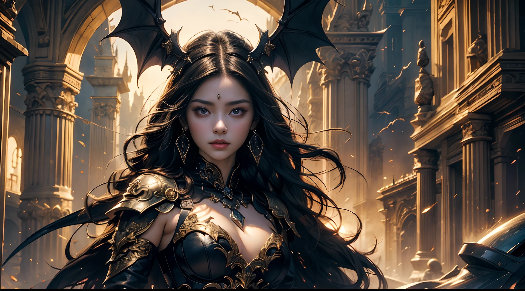 tmasterpiece,top-quality,best qualityer,offcial art,Beauty and aesthetics:1.2),(tmasterpiece:1.3), (8K, realisticlying, RAW photos, best qualtiy: 1.4), beauitful face, (photorealiscic face),超高分辨率, Ultra photo realsisim, highly detailed, the golden ratio, (with dynamism:1.3),(Saturation:1.3),illusory engine, (High detail: 1.9),(femele:1.4),(Large breasts),woman,Dragon's horn,A pair of bat wings,The background is the ruins of a medieval city,Bust,dramatics,(magia)