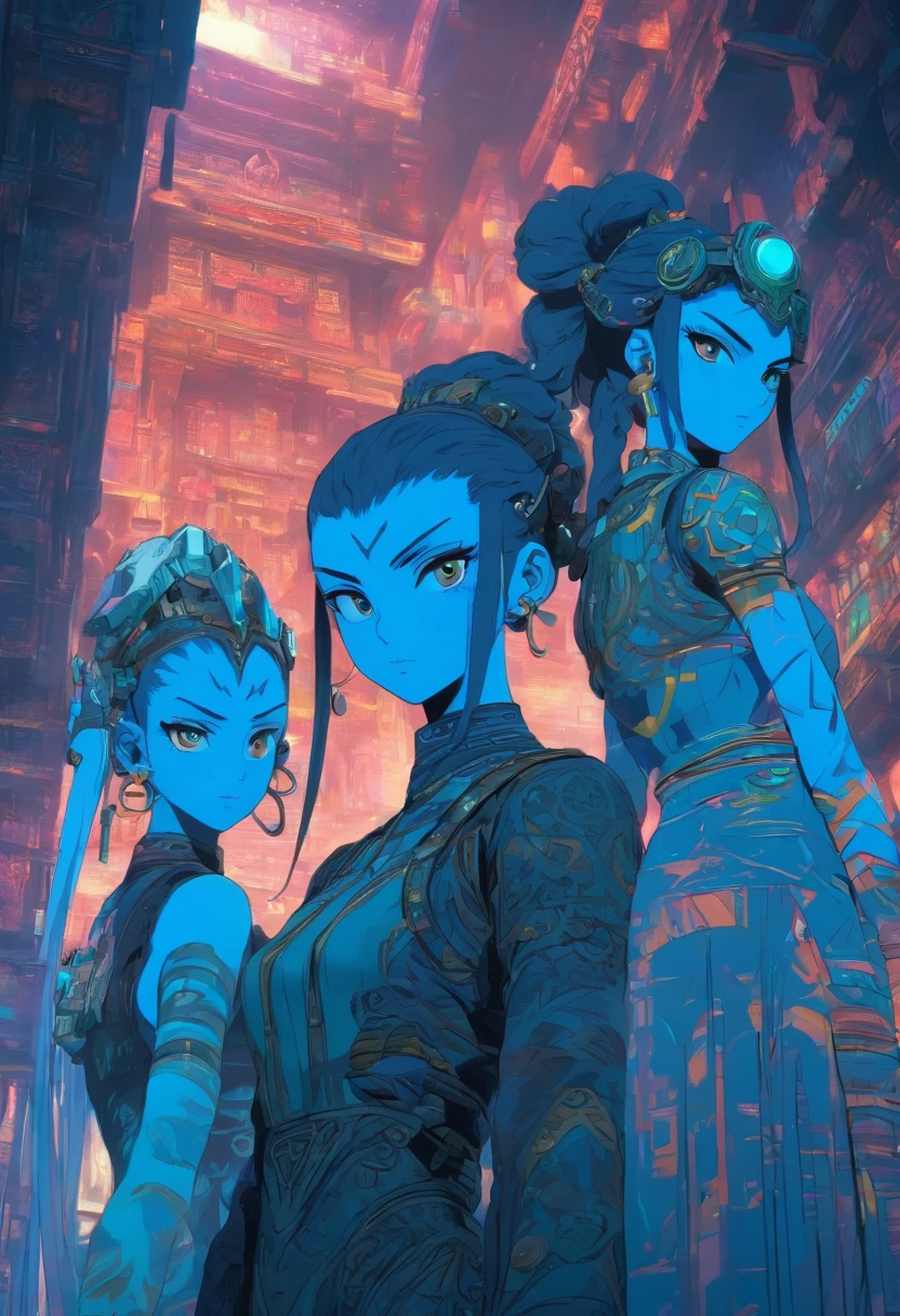 Two women in costume stood in a room, As Female Mechanic, Static Prometheus frame, Blue body paint, cyberpunk ornaments, aztec empress, cinematic details, Guards, balcony scene, solarpunk, author：Leon Wyczółkowski, Sisters, japanese cgi, kazakh empress, Close-up of people