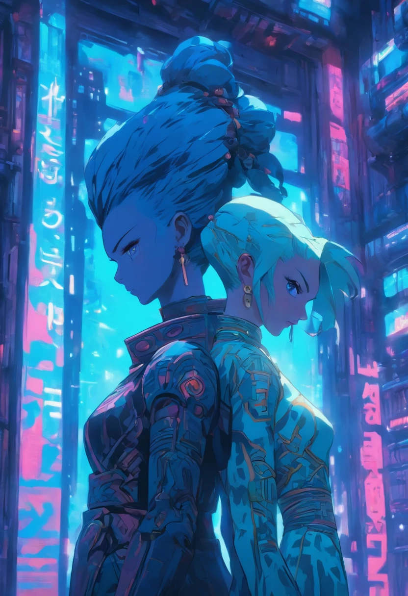 Two women in costume stood in a room, As Female Mechanic, Static Prometheus frame, Blue body paint, cyberpunk ornaments, aztec empress, cinematic details, Guards, balcony scene, solarpunk, author:Leon Wyczółkowski, Sisters, japanese cgi, kazakh empress, Close-up of people