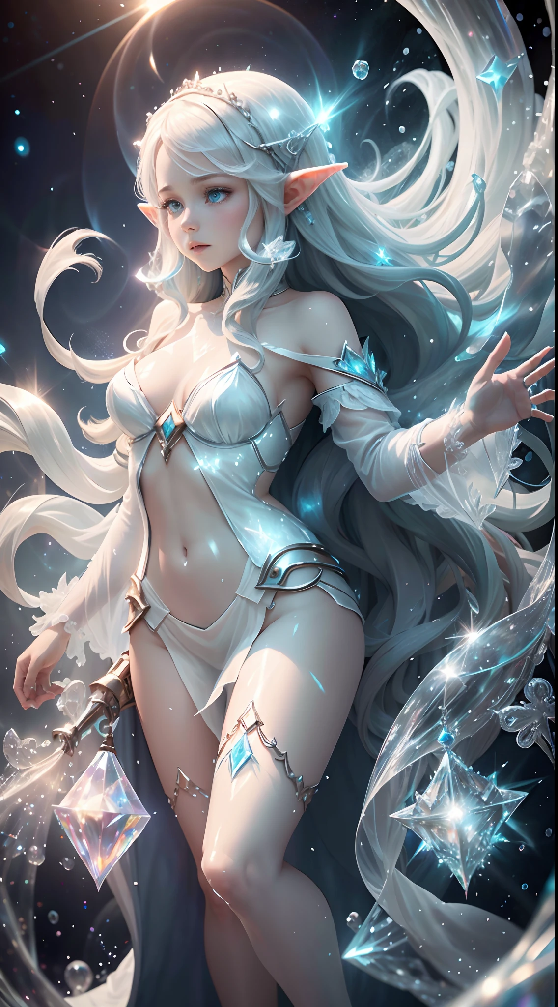 long whitr hair，the elf，teens girl，Aqua blue full body robe，，Ice crystals，icemage，mages，White skin，with light glowing，Floating particles，Faraway view