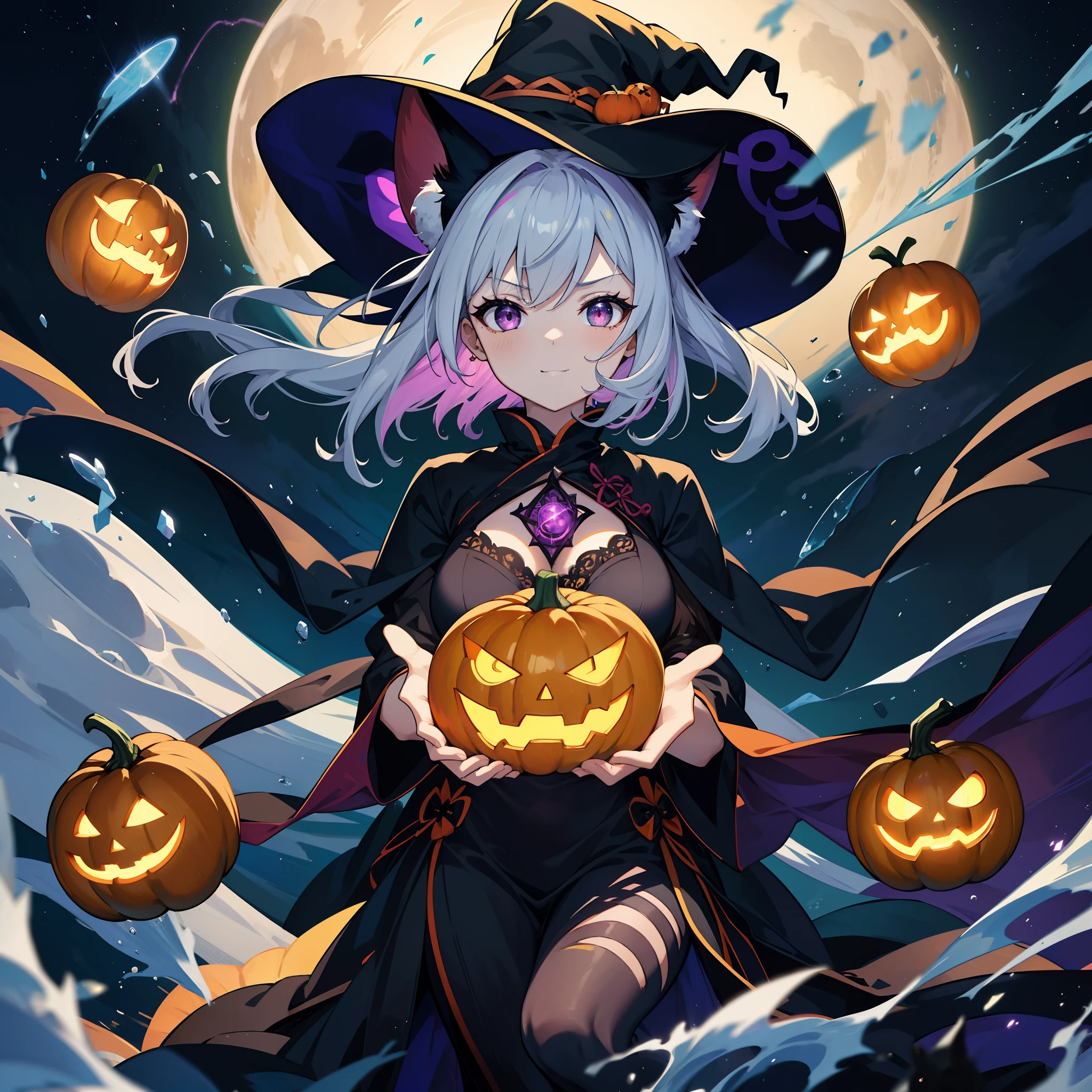 Jack Lantern、Obake pumpkin、Witch with a huge jack-lantern on her head、High Definition Pumpkin、Large pumpkin、She holds a large amount of pumpkin in both hands、Cat ears and witch's hat、Magenta Hair Witch、Sorcerer、Magic broom、angry,Smile、Naughty face、extremely detailed eye、Face Focus、An ultra-high picture quality、Motion Picture Film、Dynamic Angle、top-quality、nigh sky、shooting stars、High-definition background、Motion Picture Film、Enveloped in pale light, She sits on a magic broom and flies through the air、Depth of subject