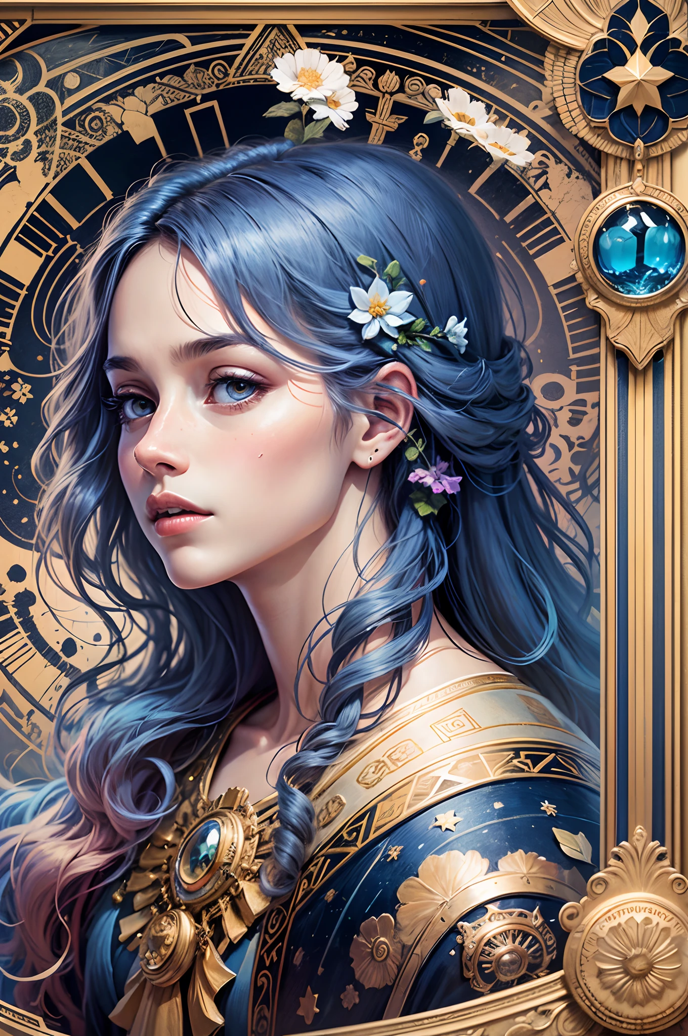 (flat color:1.1),(color:1.3),(masterpiece:1.2), best quality, masterpiece, Original, extremely detailed wallpaper, View viewer, bust of famous writer, Machado de Assis, floating colored water ，Tarot card layout，best quality, masterpiece,(realistic:0.6),realistic lighting,flower frame decorative panels，Artistic abstract，Alphonse Mucha （tmasterpiece，best quality，A high resolution：1.4），a detailed，Details complicated，4k，blue，line art，Fibonacci --auto --s2