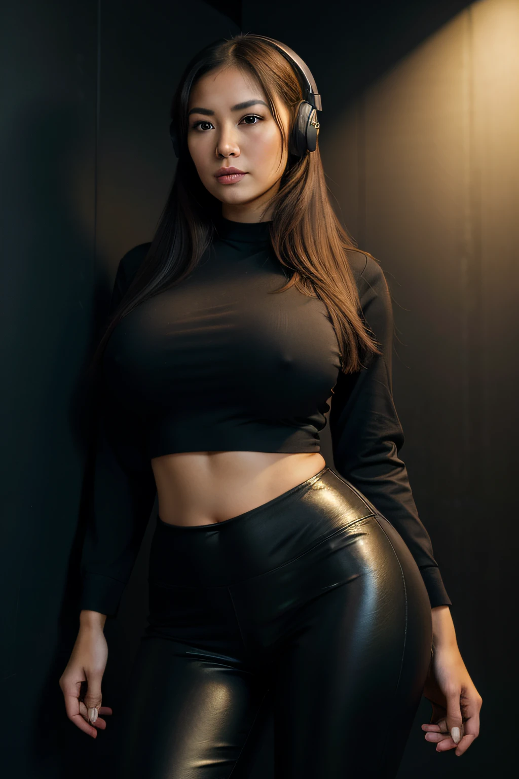 -((ultra realistic photo, best quality, very detailed, masterpiece:1)), (realistic, photo-realistic:1.5), (ultra-detailed), a japanese MILF, wide hips, long silky hair, big breast, sexy, arousal, hourglass figure, model body, casual clothing, tight black pants, black cute shirt , ((upper body view)), , against wall, nightclub, headphones, neon lights, colorful, no decorations, no background, solo model, standing up