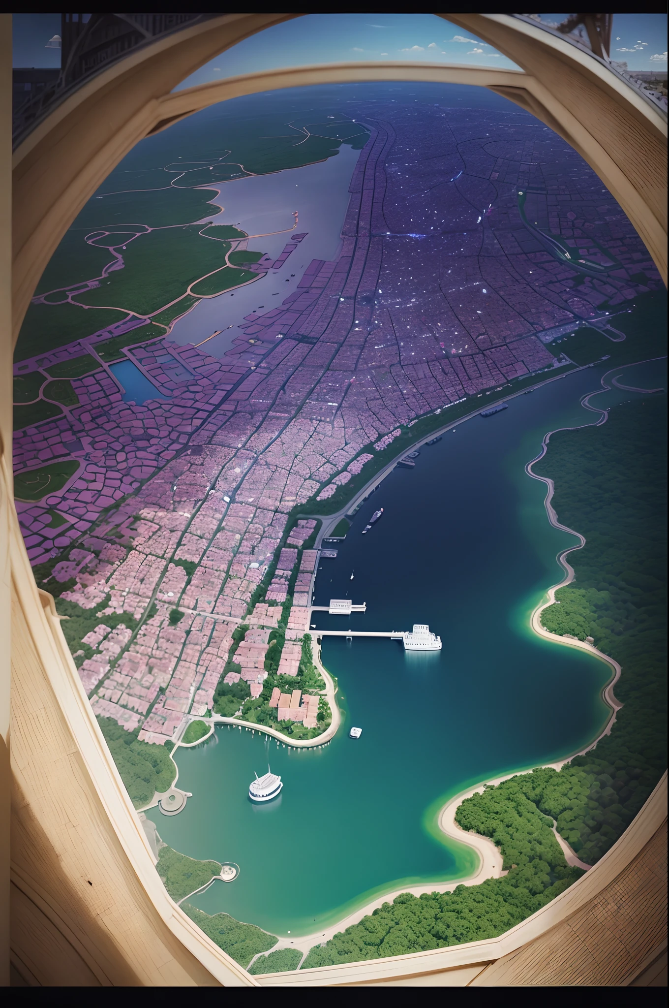 There is a picture of the city with a map, 城市, There is a circular lake in the middle,Large area of densely packed and blurry houses，Dotted， Game map, Film, poster for, Blue-purple，Scenes，Ultra-clear details，8K，No people，Scene graph，Background image