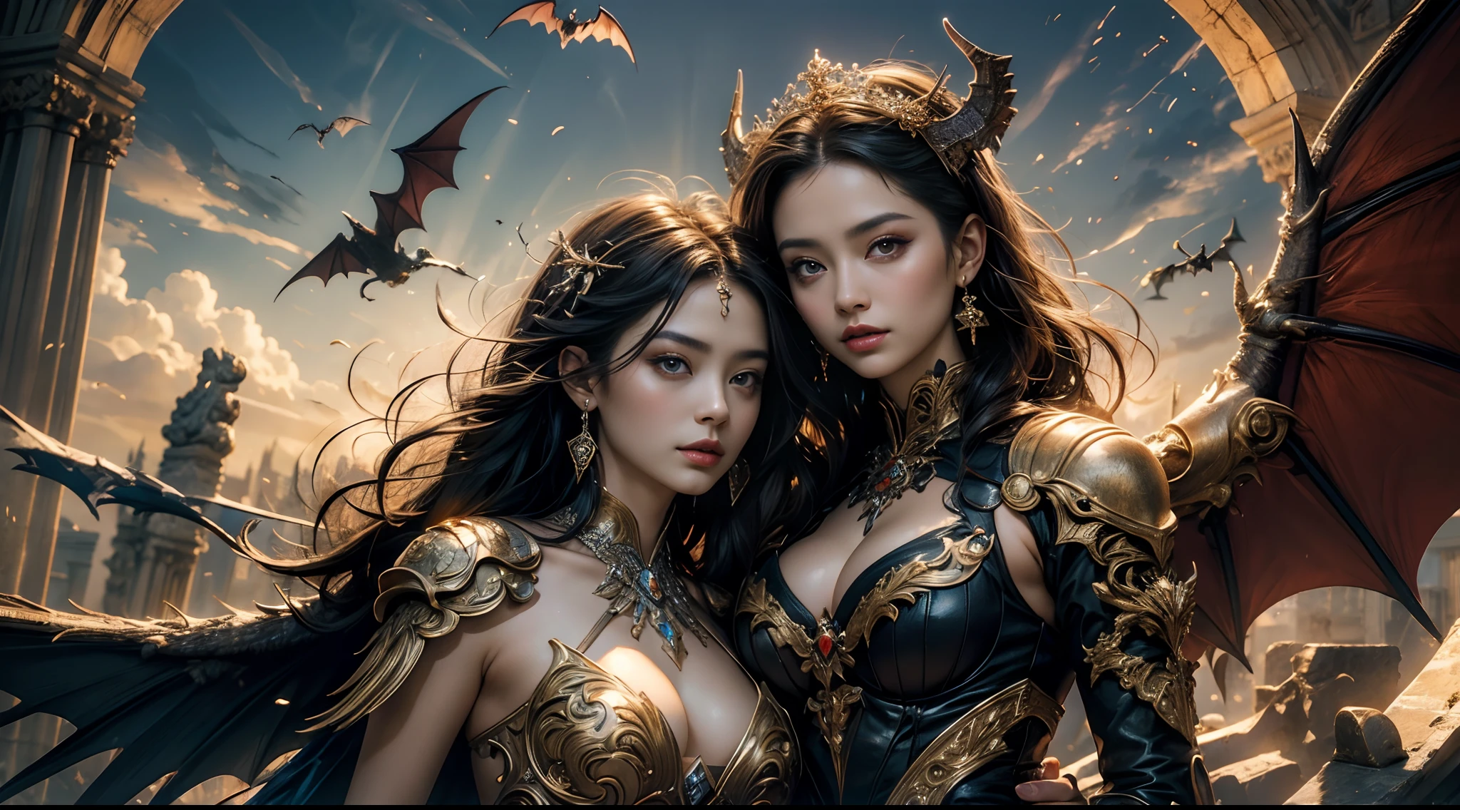 tmasterpiece，top-quality，best qualityer，offcial art，Beauty and aesthetics：1.2），（tmasterpiece：1.3）， （8K， realisticlying， RAW photos， best qualtiy： 1.4）， beauitful face， （photorealiscic face），超高分辨率， Ultra photo realsisim， highly  detailed， the golden ratio， （with dynamism：1.3），（Saturation：1.3），illusory engine， (High detail: 1.9)，（femele：1.4），（Large breasts），woman，Dragon's horn，A pair of bat wings，The background is the ruins of a medieval city，Bust，dramatics，（magia）