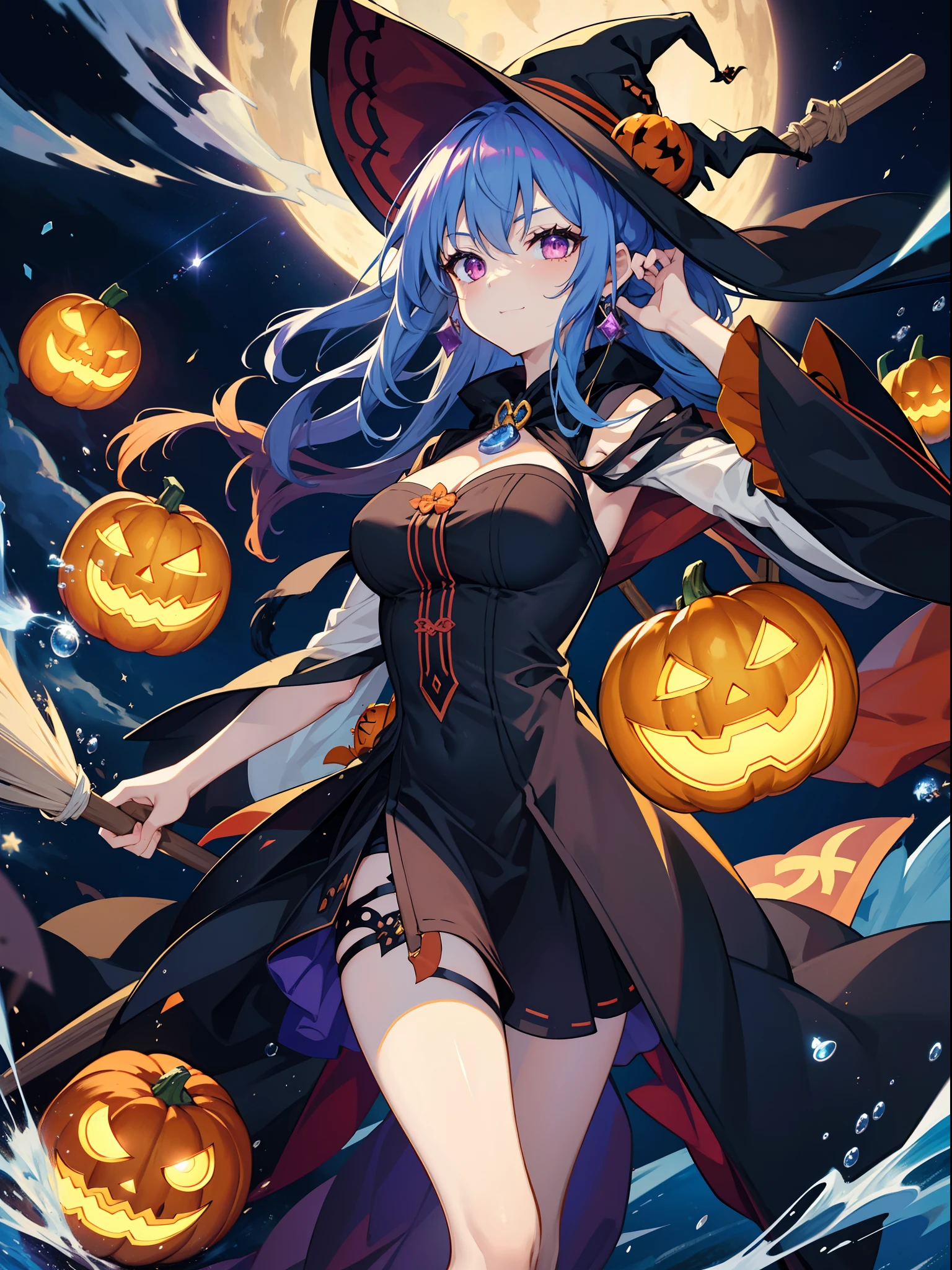 large full breasts、Exposed skin except chest and crotch、Long light blue hair, Twin-tailed, Glossy hair,Jack Lantern、Obake pumpkin、Witch with a huge jack-lantern on her head、High Definition Pumpkin、Large pumpkin、She holds a large amount of pumpkin in both hands、Cat ears and witch's hat、Magenta Hair Witch、Sorcerer、Magic broom、angry,Smile、Naughty face、extremely detailed eye、Face Focus、An ultra-high picture quality、Motion Picture Film、Dynamic Angle、top-quality、nigh sky、shooting stars、High-definition background、Motion Picture Film、Enveloped in pale light, She sits on a magic broom and flies through the air、Depth of subject