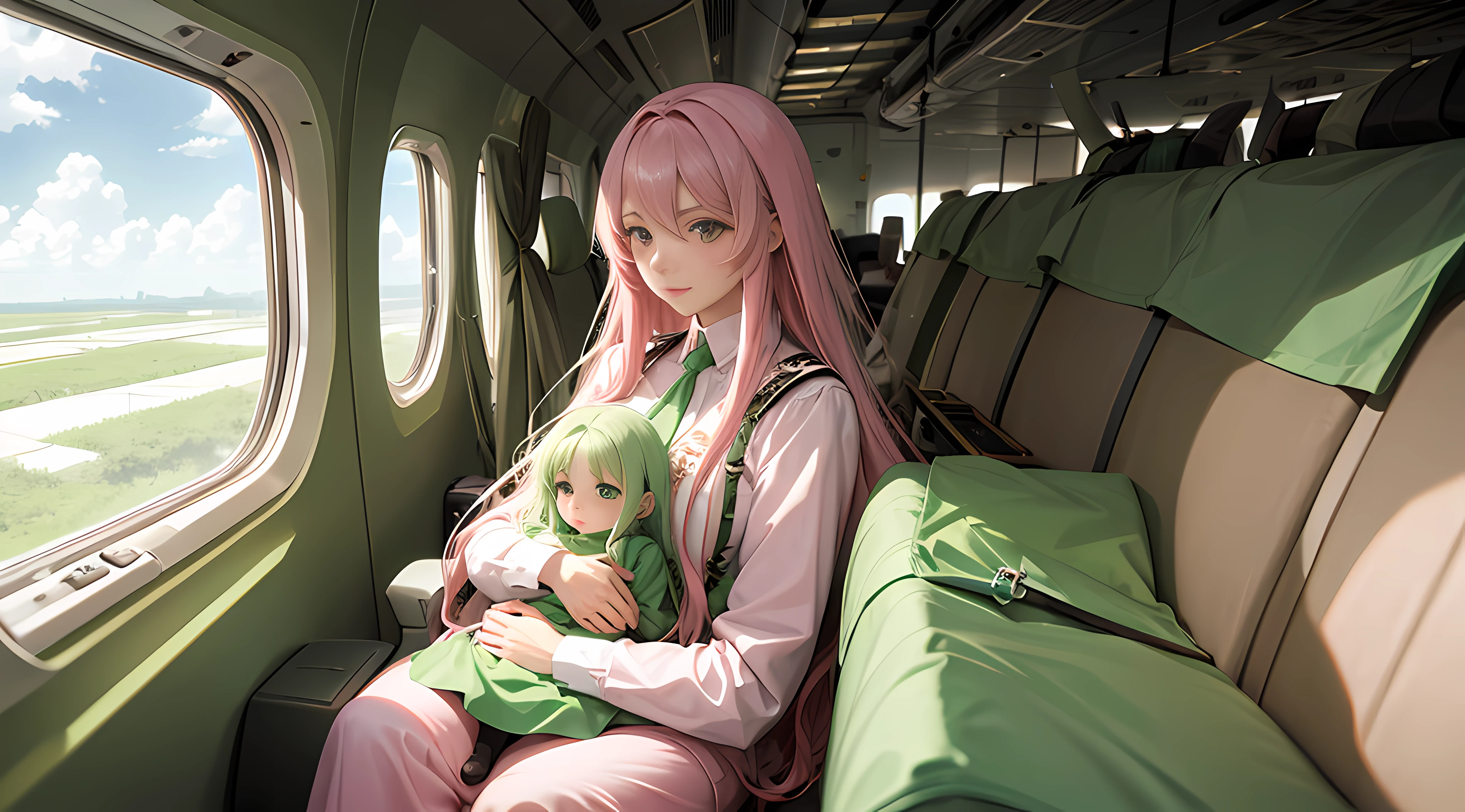 Pink long-haired mother holding her pale green long-haired daughter,Look out the airplane window,