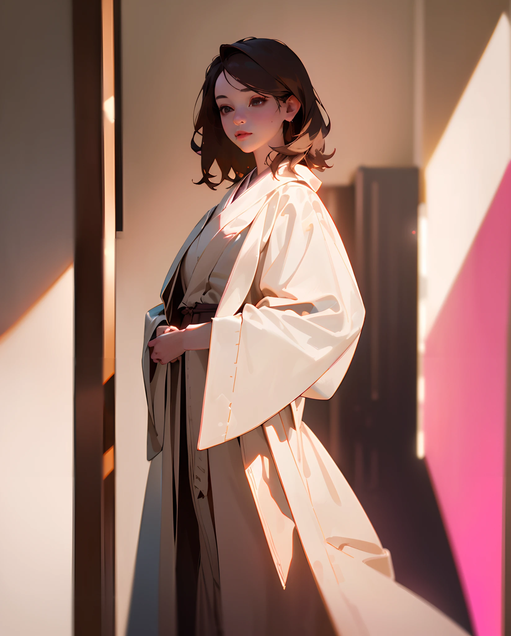 ((Realistic lighting、top-quality、8K、masterpiece:1.3))、Clear focus:1.2、1girl in、Perfect Body Beauty:1.4、((dark brown hair))、(robe blanche:1.4)、(inside in room、pink there:1.1)、posterior view、Atmosphere beauty