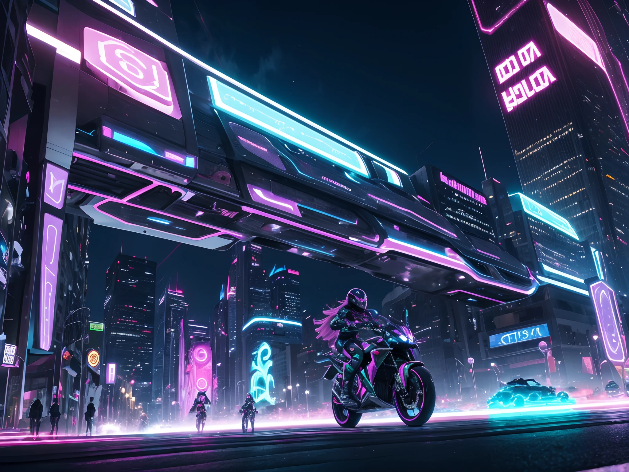 City of Bogotá totally futuristic year 2099, carros futuristicos voladores, personas con ropa extravagante futurista, girls in swimsuits, perros cyborg, luces volando para dar luz a las calles, motos voladoras, edificios gigantescos y casas estilos coreanas,