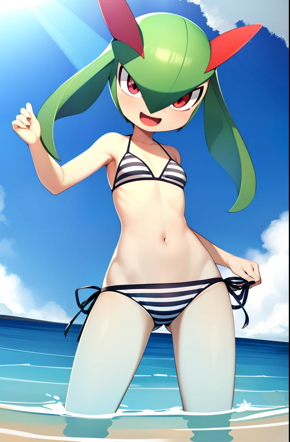obra maestra, mejor calidad, 1 girl in, solo, kirlia, cabello azul, shiny kirlia, ojos rojos, en un yate, riendo, bikini, bikini de dos piezas, senos grandes, senos femeninos grandes y redondos, (((embarazada))), bikini rojo.