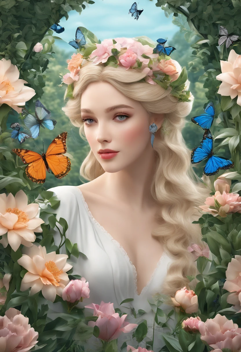 (Best Quality,4k,8K,hight resolution,Masterpiece:1.2),Ultra-detailed,(Realistic,Photorealistic,photo-realistic:1.37),a beautiful blonde,striking blue eyes,full plump lips,long flowing golden hair,Captivating smile,luminous skin,A mind-blowing figure,Graceful posture,[The Enchanted Garden],soft natural lighting,bright colours,Artistic brush strokes,Impressionistic style,Classic portrait composition,Lush greenery,Delicate flowers,Butterflies, fluttering in the air,A peaceful and serene atmosphere.

among others，[The Enchanted Garden] If necessary, it can be replaced with a specific and appropriate vocabulary of scene details，Like what：Flowering flower garden, A magical forest, or the secluded Garden of Eden.