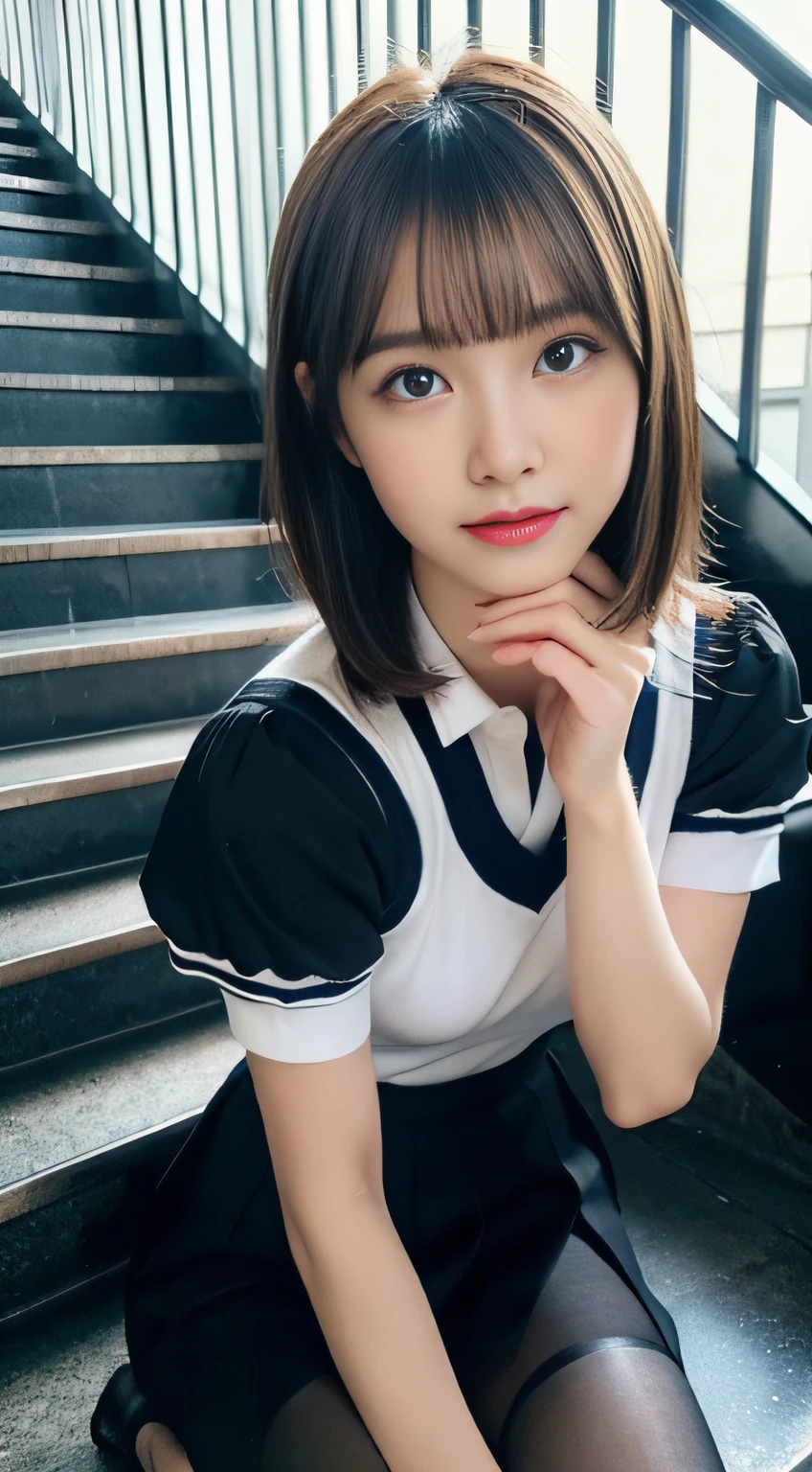 (((32k,high detal,high-detail、masterpiece,Attention to detail,full body Esbian,独奏))),Raw photo & realistic atmosphere,beautiful dark blue eyes,Detailed mouth,Glossy lips,Detailed eyebrows,Eyes drawn in detail with soft white skin that shines with every detail、azure eyes,Very beautiful eyes,Detailed lips、Very beautiful face,Very well-formed face、Lifelike face,shiny beautiful lips, Realistic Young Gravure Idol, very beautiful school girl, ,Moderately beautiful, Young Sensual Gravure Idol, Young Gravure Idol, Beautiful, Cute and sexy15 old schoolgirl,the whole body is wet,dripped out,with a flushed face,Incredibly beautiful15-year girlort-cut,Brown shiny hair,Hair is wet,Dripping water,dripping,Crouching on the stairs with your legs open,(Black pantyhose,Beautiful fece,Looking at the camera:1.4),(Cross your legs in black pantyhose,The chest of the uniform is open,darkness,Very dark,Pitch-black staircase without street lights,Illuminate the subject with a flashlight,spot light:1.7),(A sexy,Slightly chubby,High Detail Hi-Vision Hi-Vision Japan Hi-Vision Girl Uniform,well-shaped breasts,,Mature body, I'm anxious and about to cry,Moist eyes,cold smile,glareing,The glaring face is also beautiful:1.5)