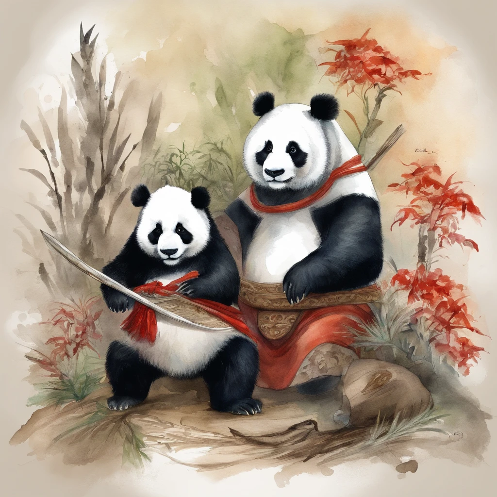Warriors and panda together to observe the hands of wormwood, Chinese style, ink style