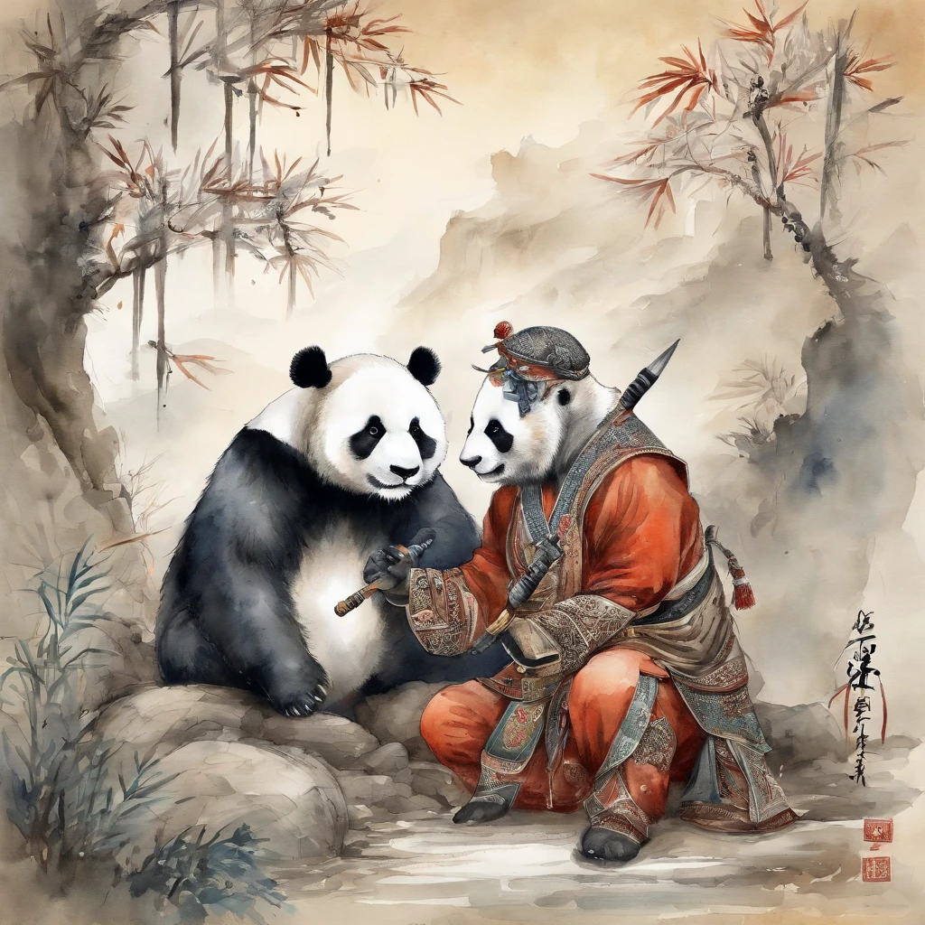 Warriors and panda together to observe the hands of wormwood, Chinese style, ink style