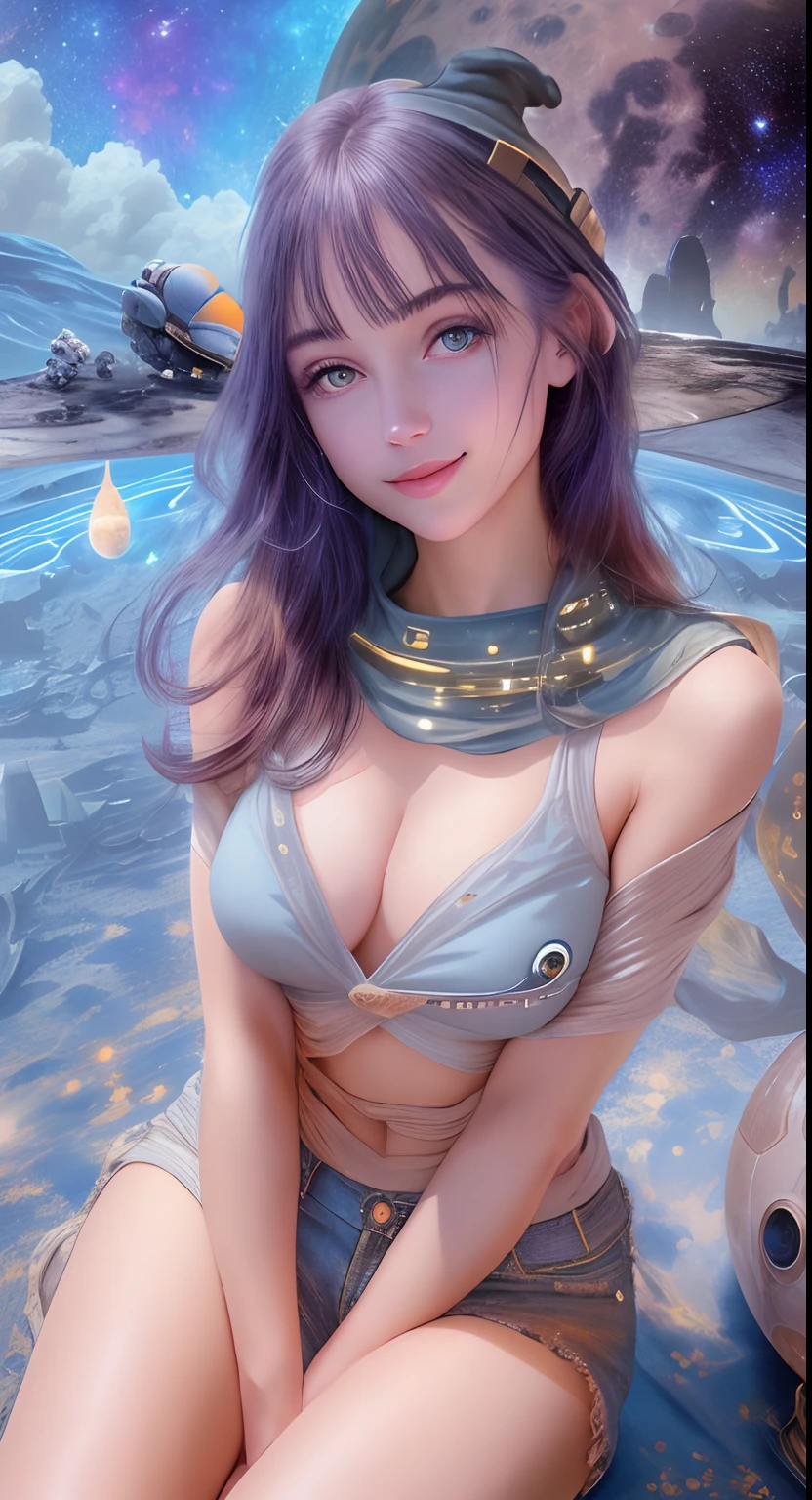 Best Quality, High resolution, distinct image, Concept art, nigh sky, Stars, Moon, girl, Smile, hair, Eyes, Mouth, Hands, Feet, Clothing, jeans, T-shirt, scarf, hat, spaces, Spaceship, space suits, space astronaut, planet, Galaxy, Beautiful, Cute, Cozy, natural, Dreamy, Relaxed, glinting, lovely