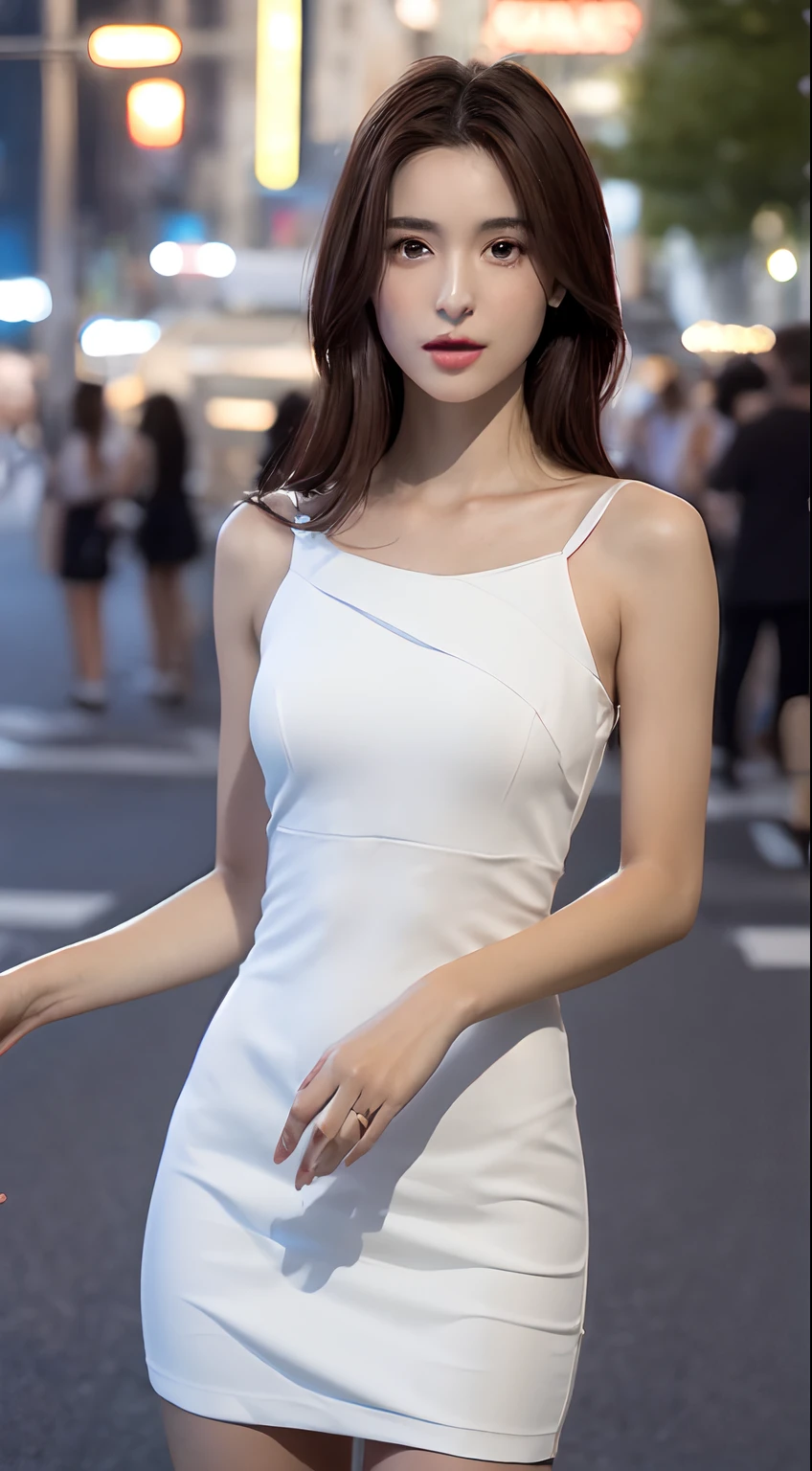 ((realistic lighting, beste-Qualit, 8K, master piece: 1.3)), Mise au point claire: 1.2, 1fille, Perfect Body Beauty: 1.4, Abdos minces: 1.1, ((dark brown hair)), (Robe blanche: 1.4), (outdoor, nuit: 1.1), City Street, Visage super fin, Yeux fins, Double eyelids, (Bas noirs sur le genou: 1.5)0