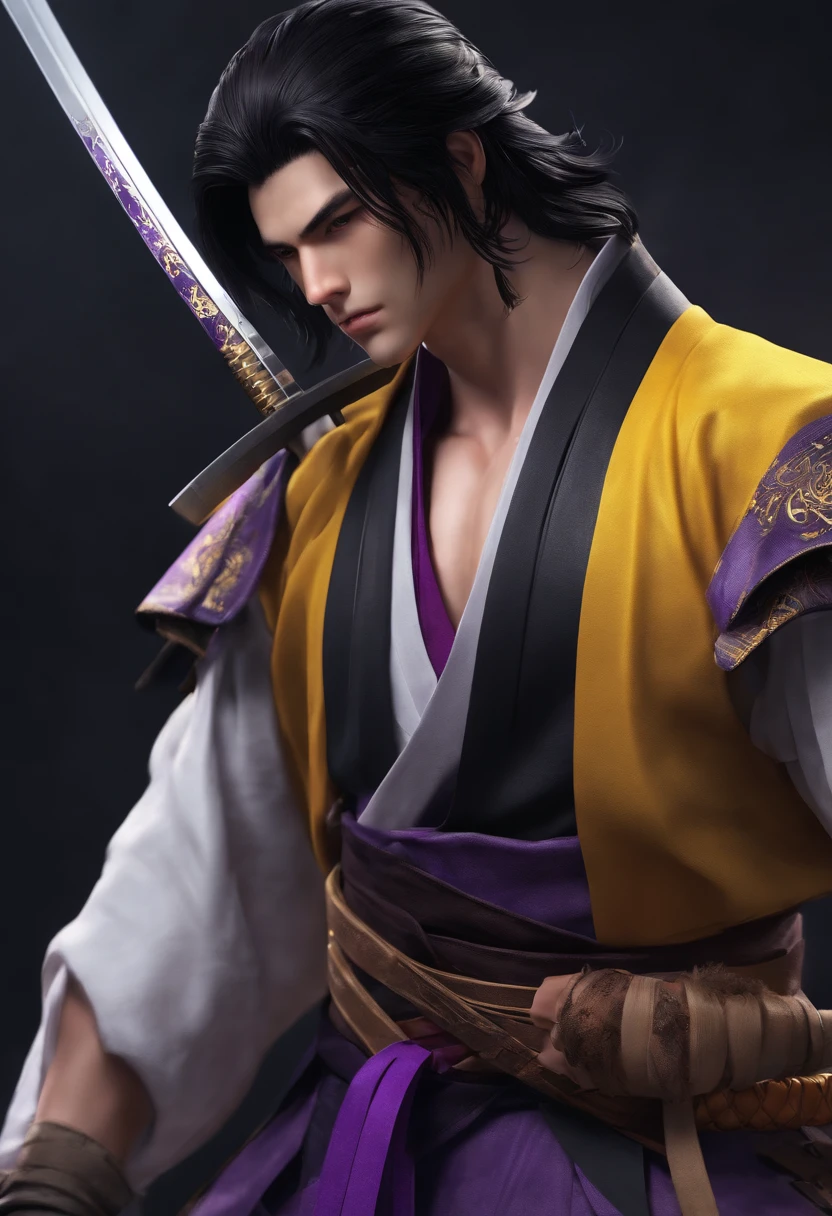 guy, black hair, ripped, big shoulders, medium chest, slim waist, medium hair, black and purple katana, purple and white samurai clothes, handsome face, white eyes, yellow pupil, ripped forearms
